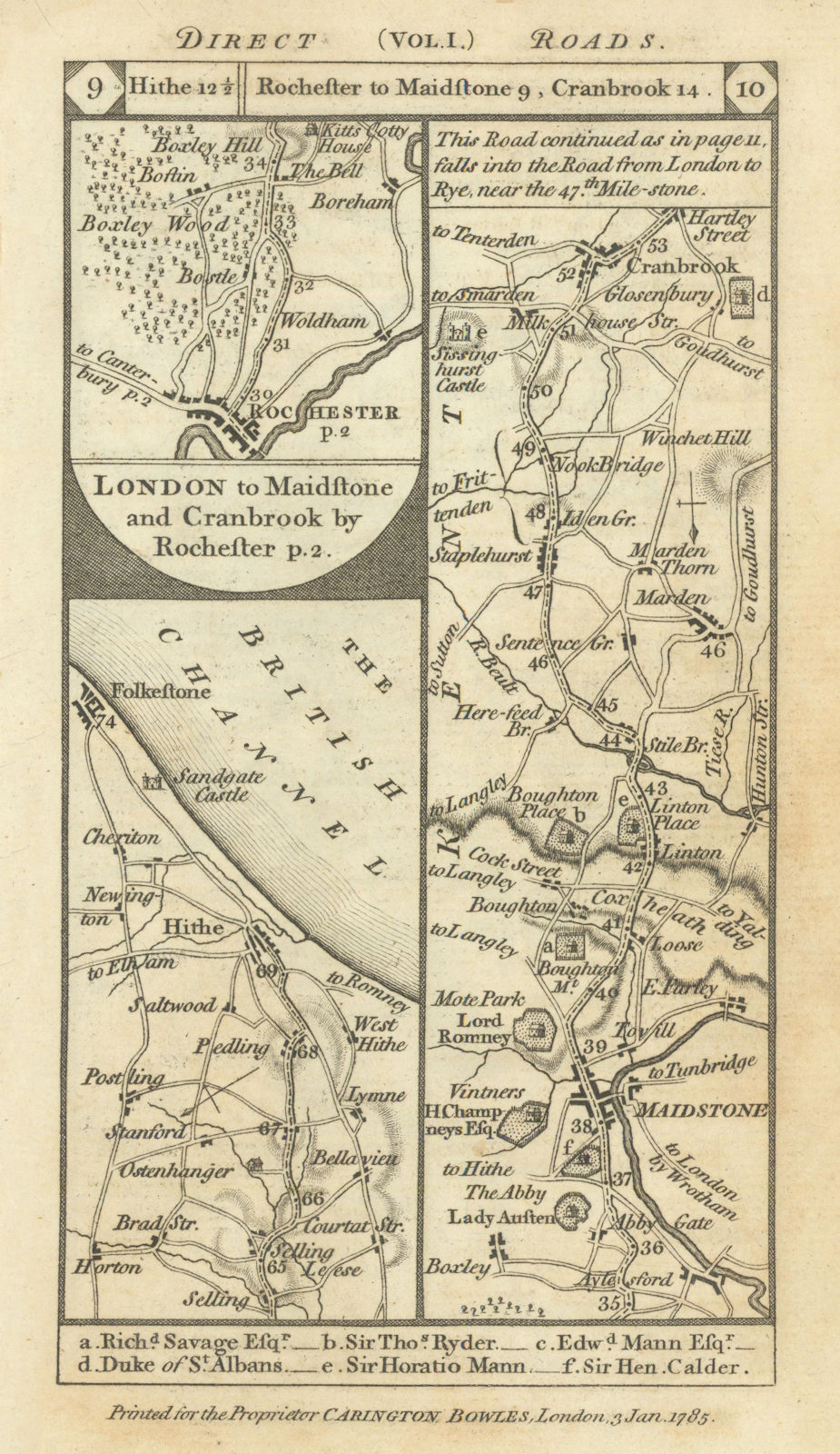 Hythe-Folkestone. Rochester-Maidstone-Cranbrook road strip map PATERSON 1785