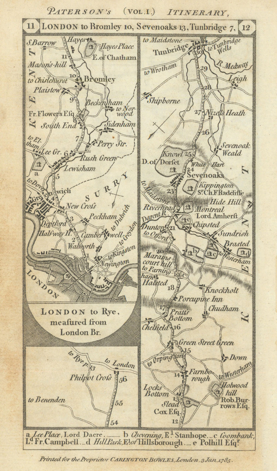 Greenwich-Lewisham-Bromley-Sevenoaks-Tunbridge road strip map PATERSON 1785