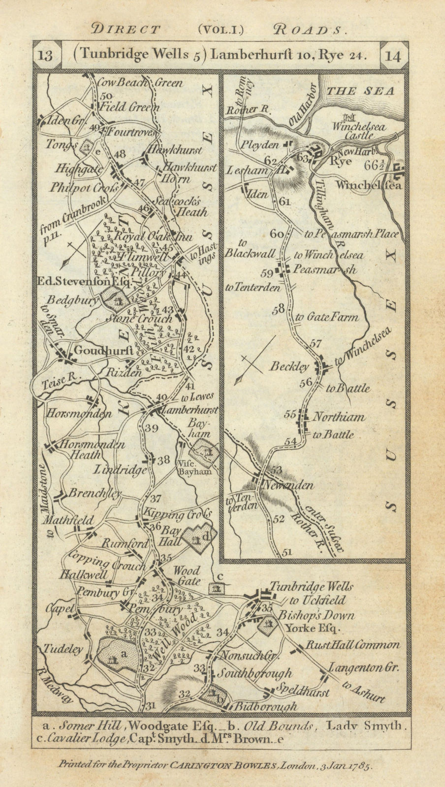 Tunbridge Wells-Newenden-Beckley-Rye-Winchelsea road strip map PATERSON 1785