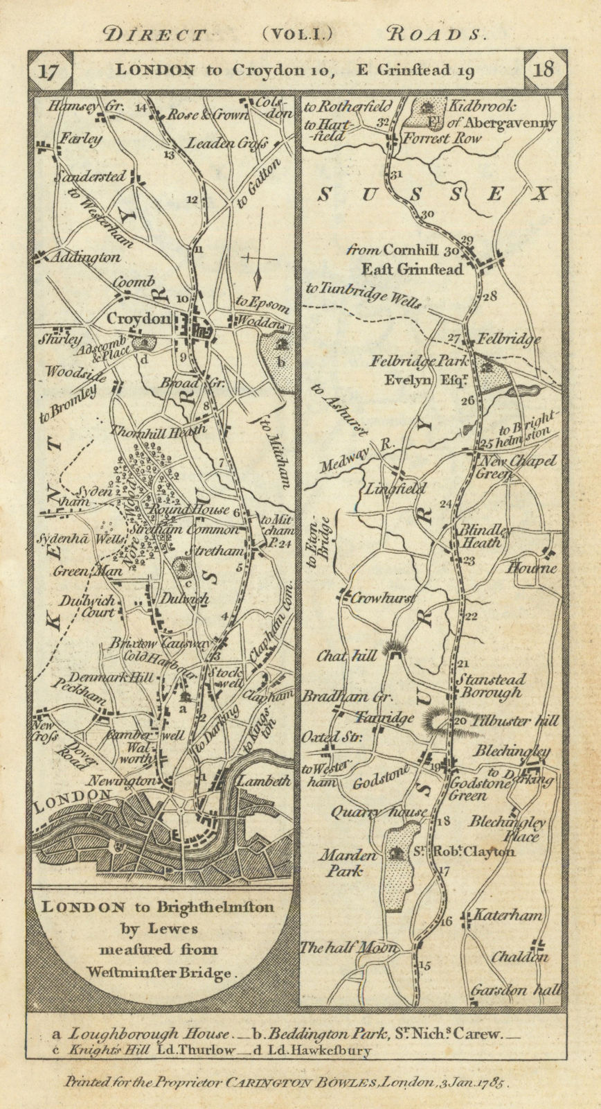 London-Dulwich-Croydon-Godstone-East Grinstead road strip map PATERSON 1785