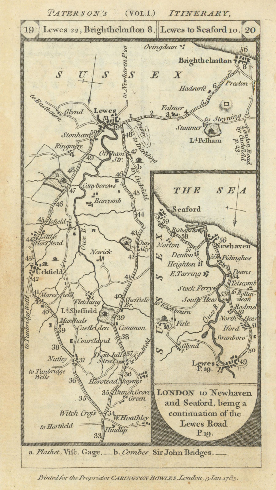 Associate Product Uckfield-Lewes-Brighton-Newhaven-Seaford road strip map PATERSON 1785 old