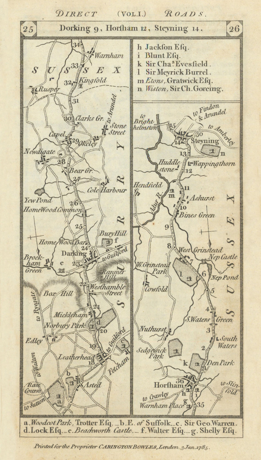 Leatherhead-Dorking-Newdigate-Horsham-Steyning road strip map PATERSON 1785
