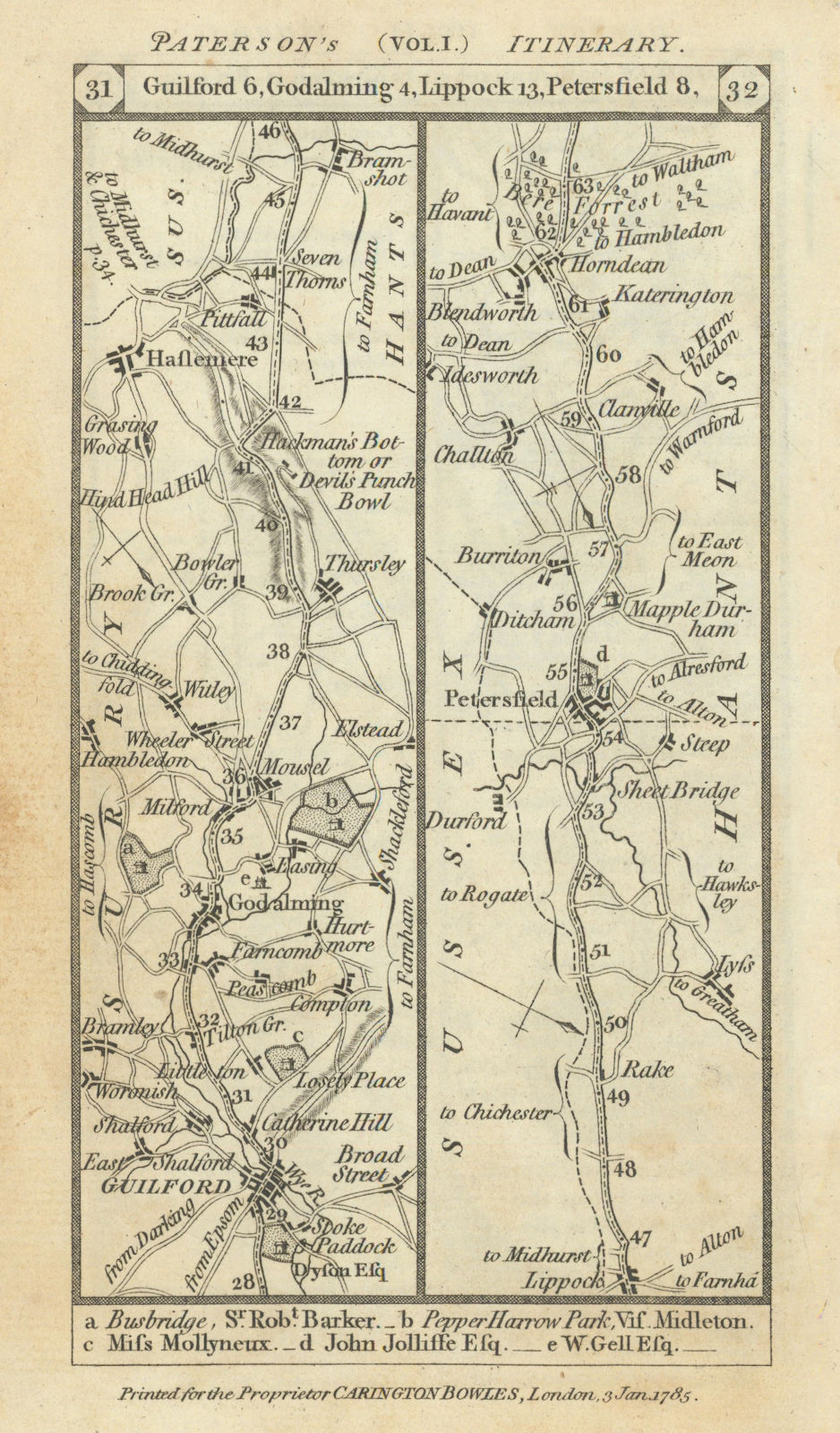 Guildford-Godalming-Haslemere-Petersfield road strip map PATERSON 1785 old