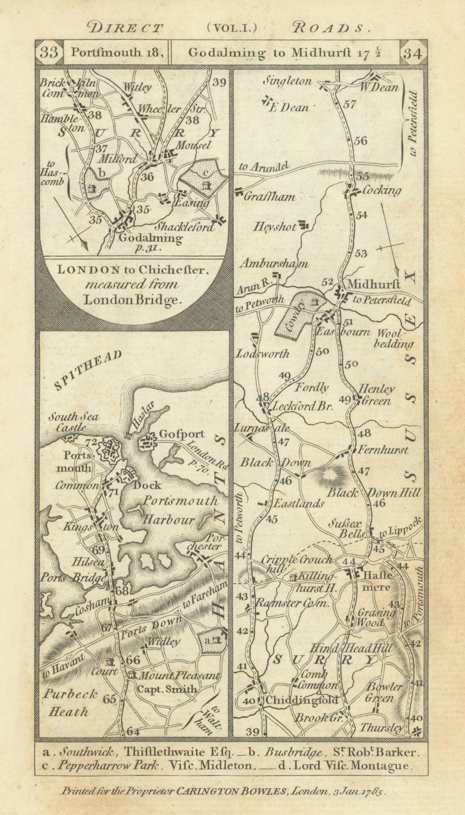 Portsmouth-Gosport Godalming-Haslemere-Midhurst road strip map PATERSON 1785