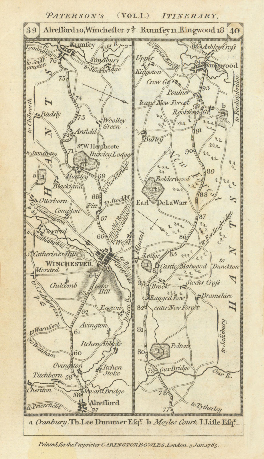Associate Product Alresford - Winchester - Romsey - Ringwood road strip map PATERSON 1785