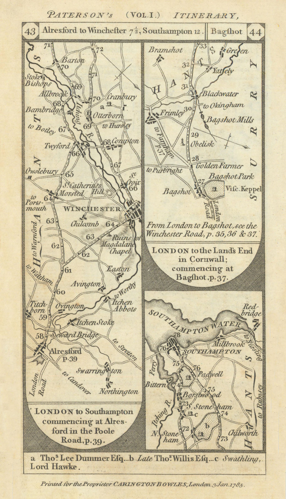 Winchester-Southampton. Bagshot-Yateley road strip map PATERSON 1785 old