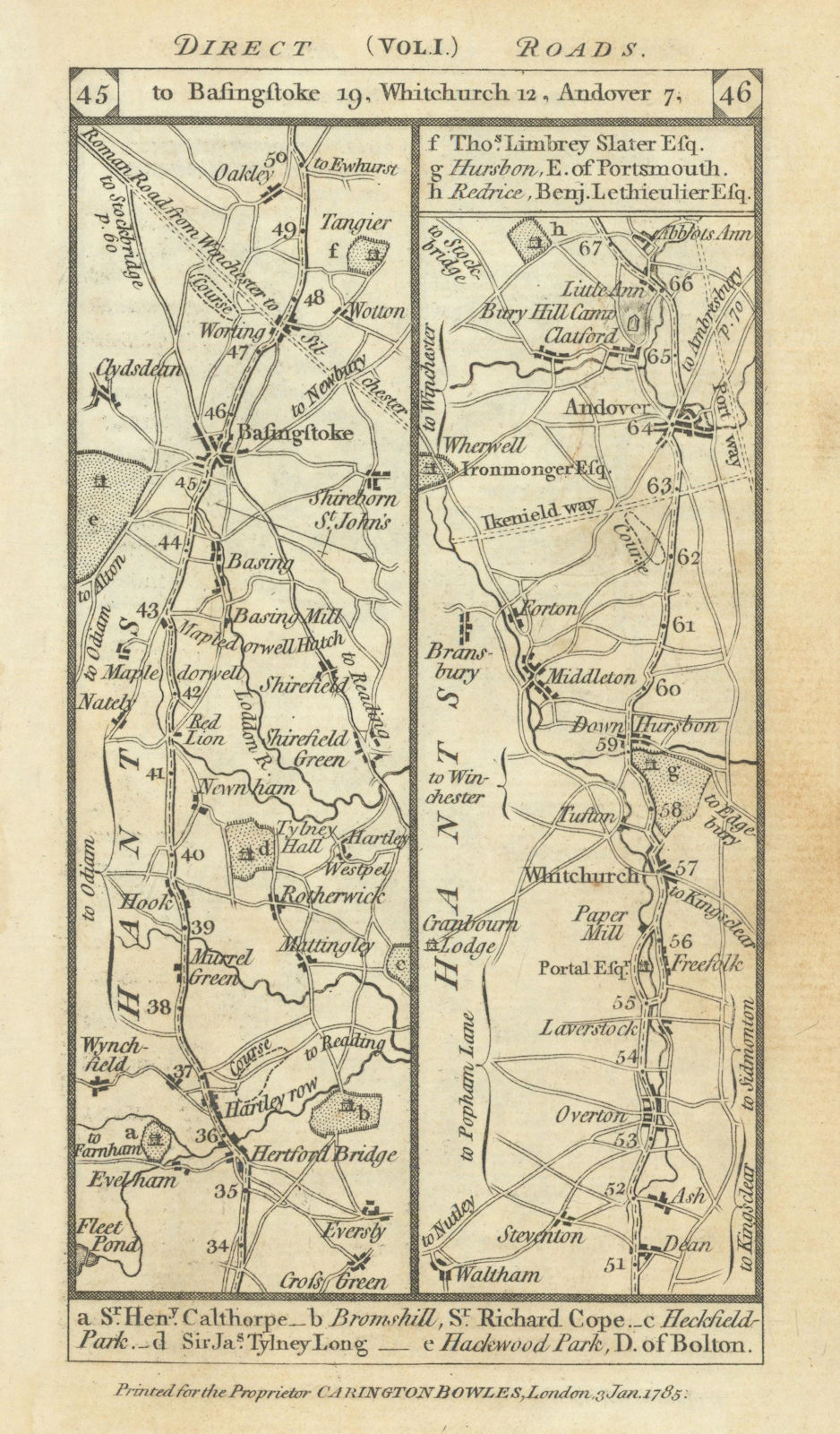 Hartfordbridge-Basingstoke-Whitchurch-Andover road strip map PATERSON 1785