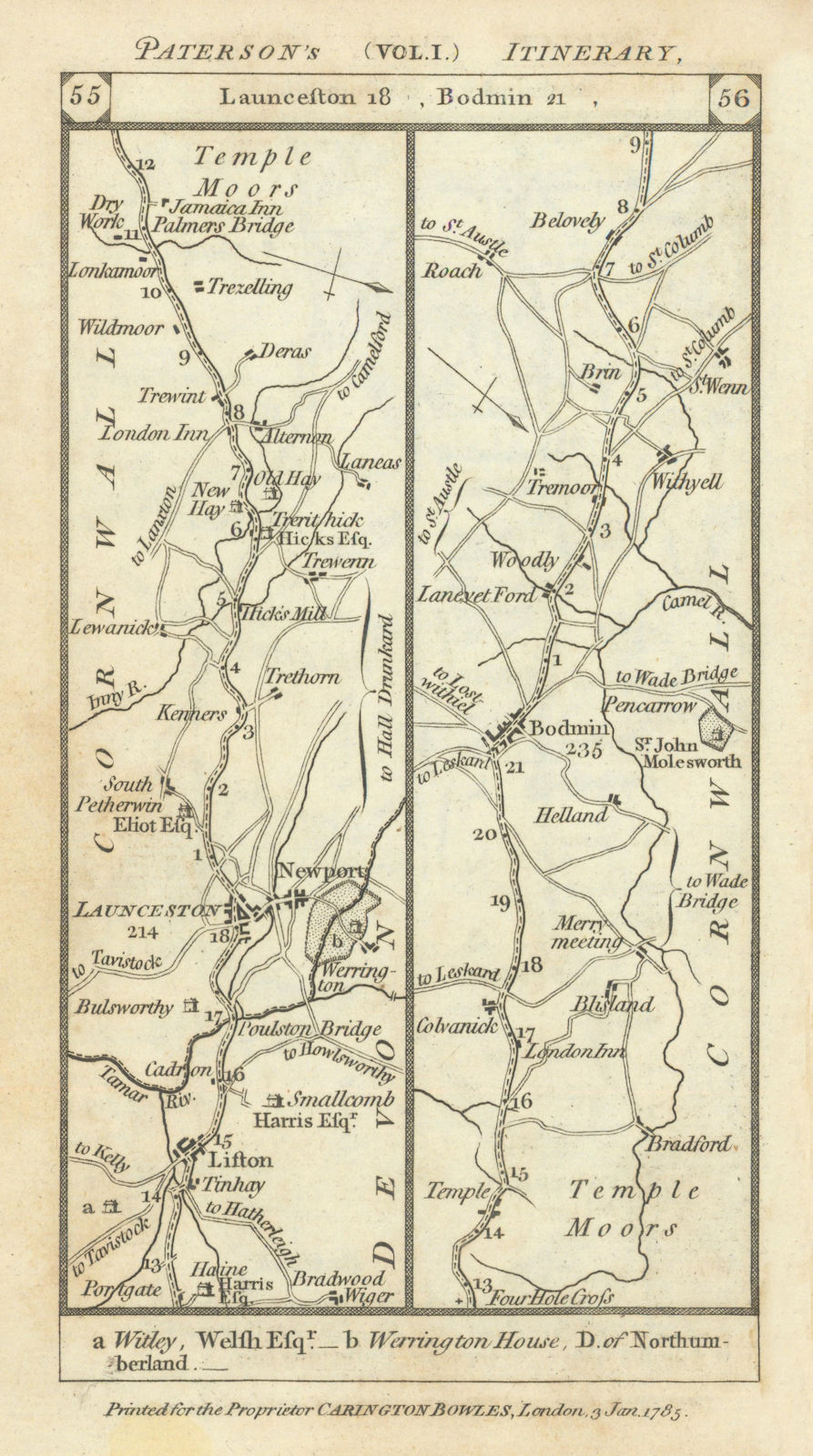 Lifton - Launceston - Bodmin - Withiel road strip map PATERSON 1785 old