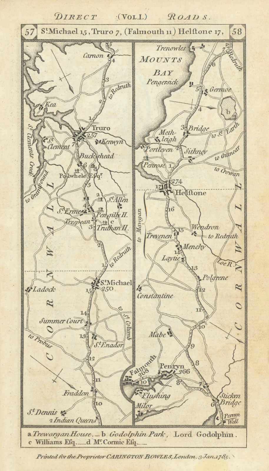 St. Dennis-Truro-Falmouth-Helston-Mount's Bay road strip map PATERSON 1785