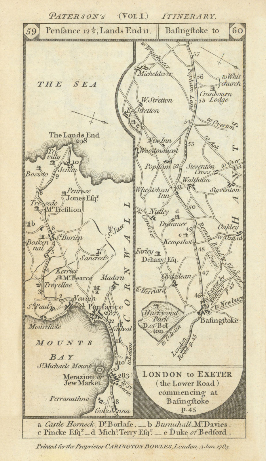 Penzance-Land's End. Basingstoke-Micheldever road strip map PATERSON 1785
