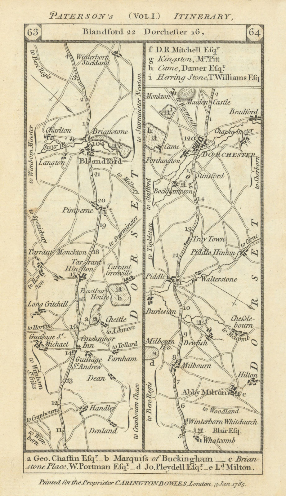 Blandford Forum-Milborne-Puddletown-Dorchester road strip map PATERSON 1785