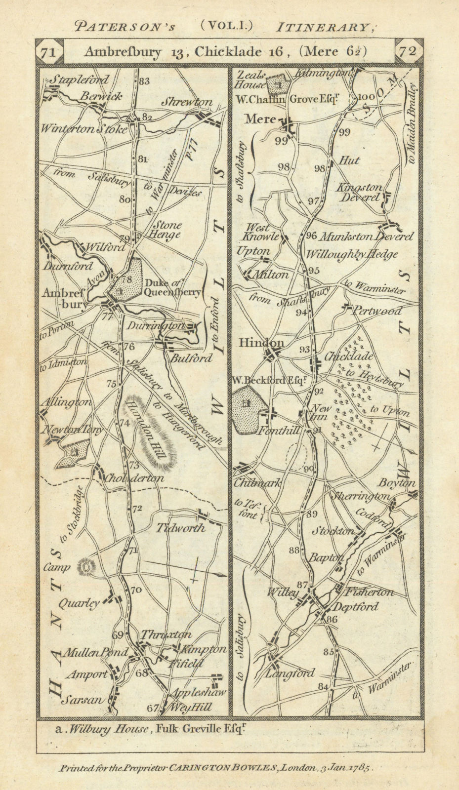 Thruxton-Durrington-Amesbury-Wylye-Hindon-Mere road strip map PATERSON 1785