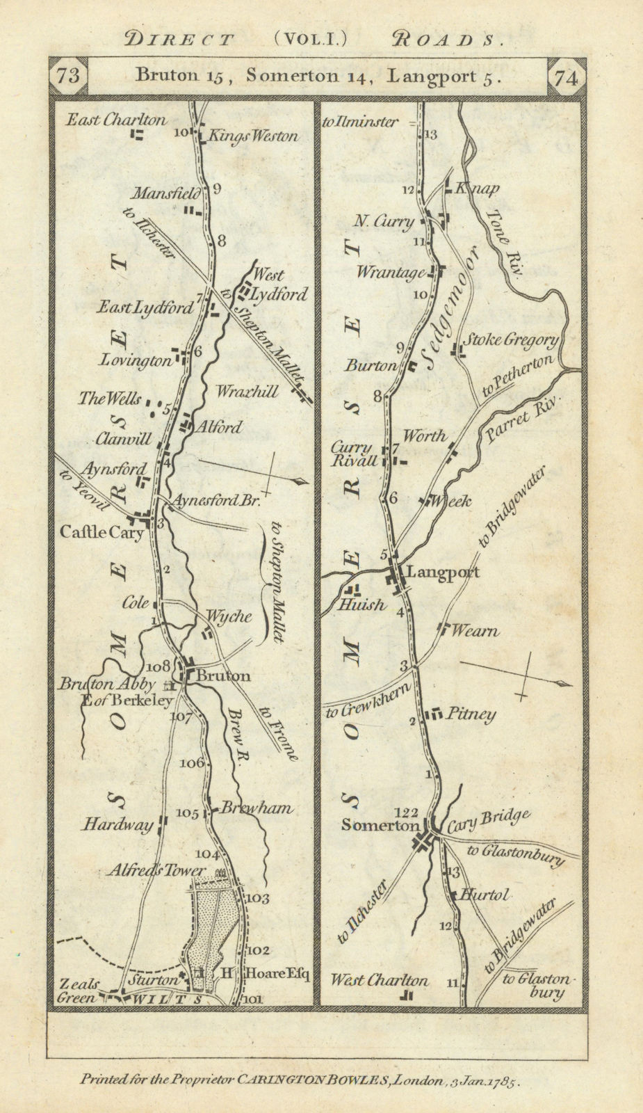 Stourton-Bourton-Castle Cary-Langport-Wrantage road strip map PATERSON 1785
