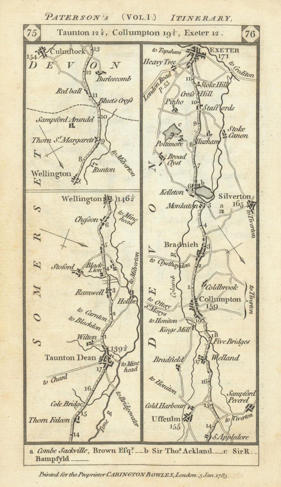 Taunton-Wellington-Collompton-Silverton-Exeter road strip map PATERSON 1785