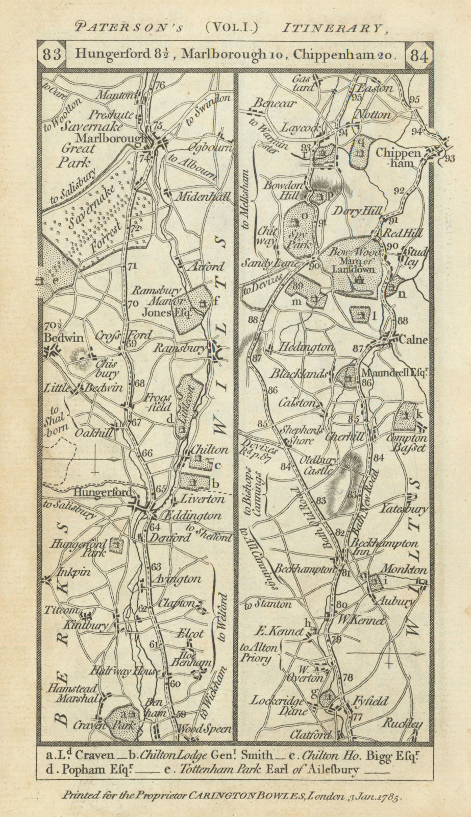 Hungerford-Marlborough-Cherhill-Calne-Laycock road strip map PATERSON 1785