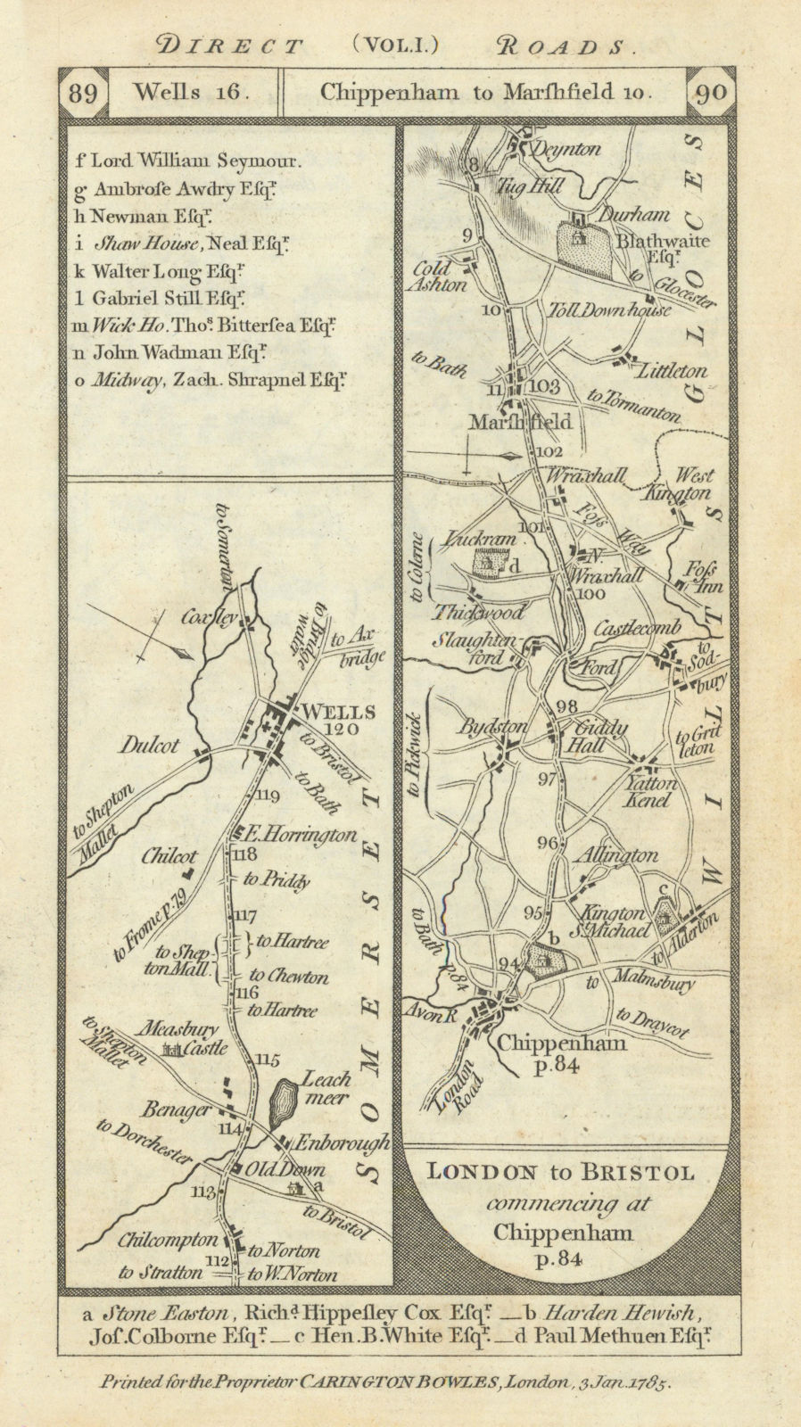 Nunney-Bruton. Chippenham-Biddestone-Doynton road strip map PATERSON 1785