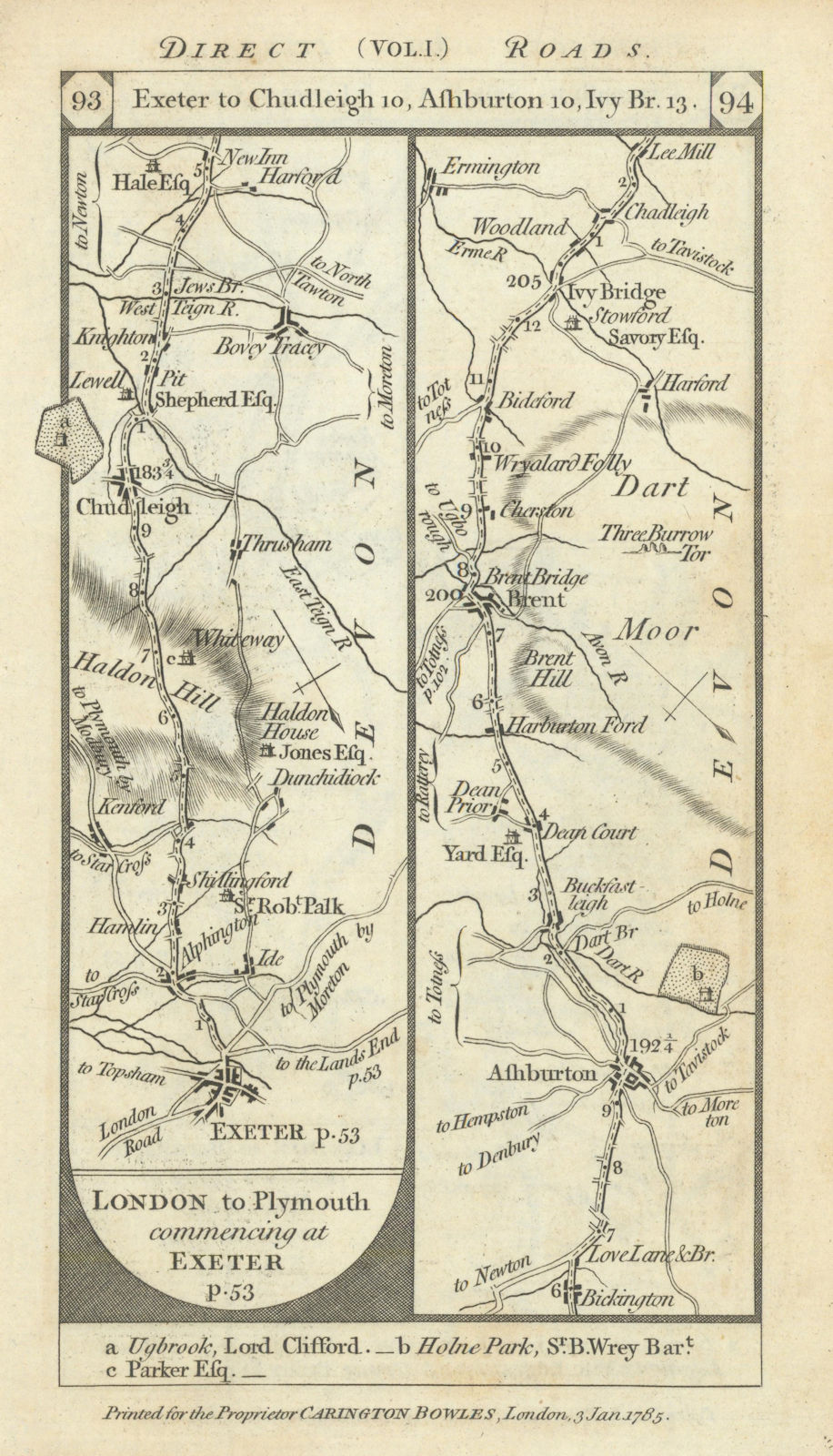 Exeter-Chudleigh-Ashburton-Brent-Ivybridge road strip map PATERSON 1785