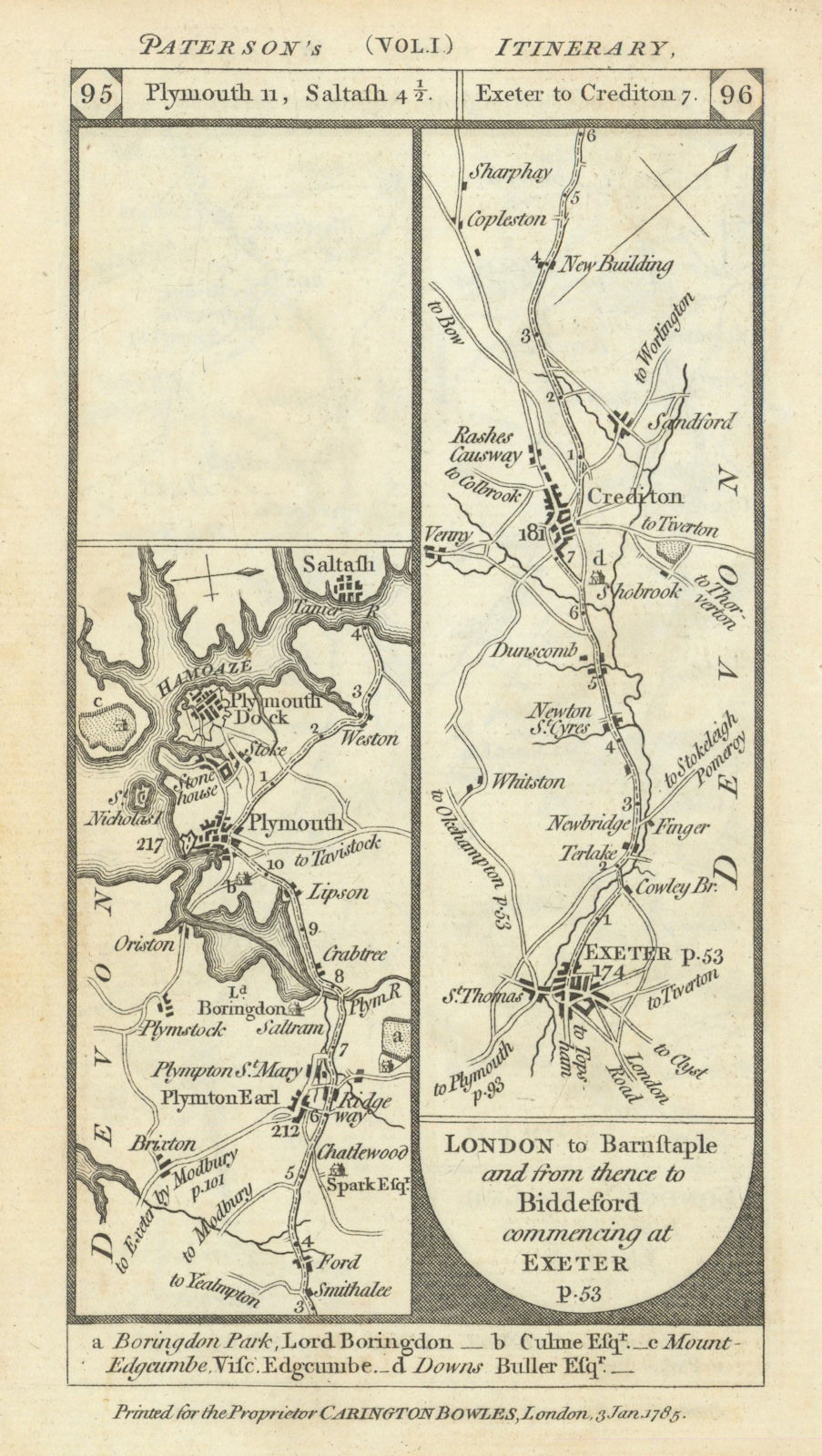 Plympton-Plymouth-Saltash. Exeter-Crediton road strip map PATERSON 1785