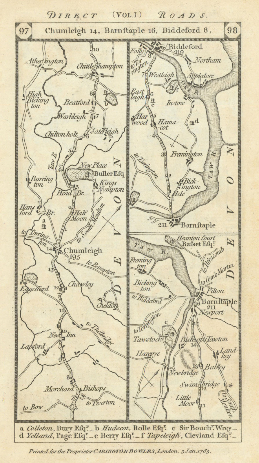 Chulmleigh - Barnstaple - Bideford road strip map PATERSON 1785 old