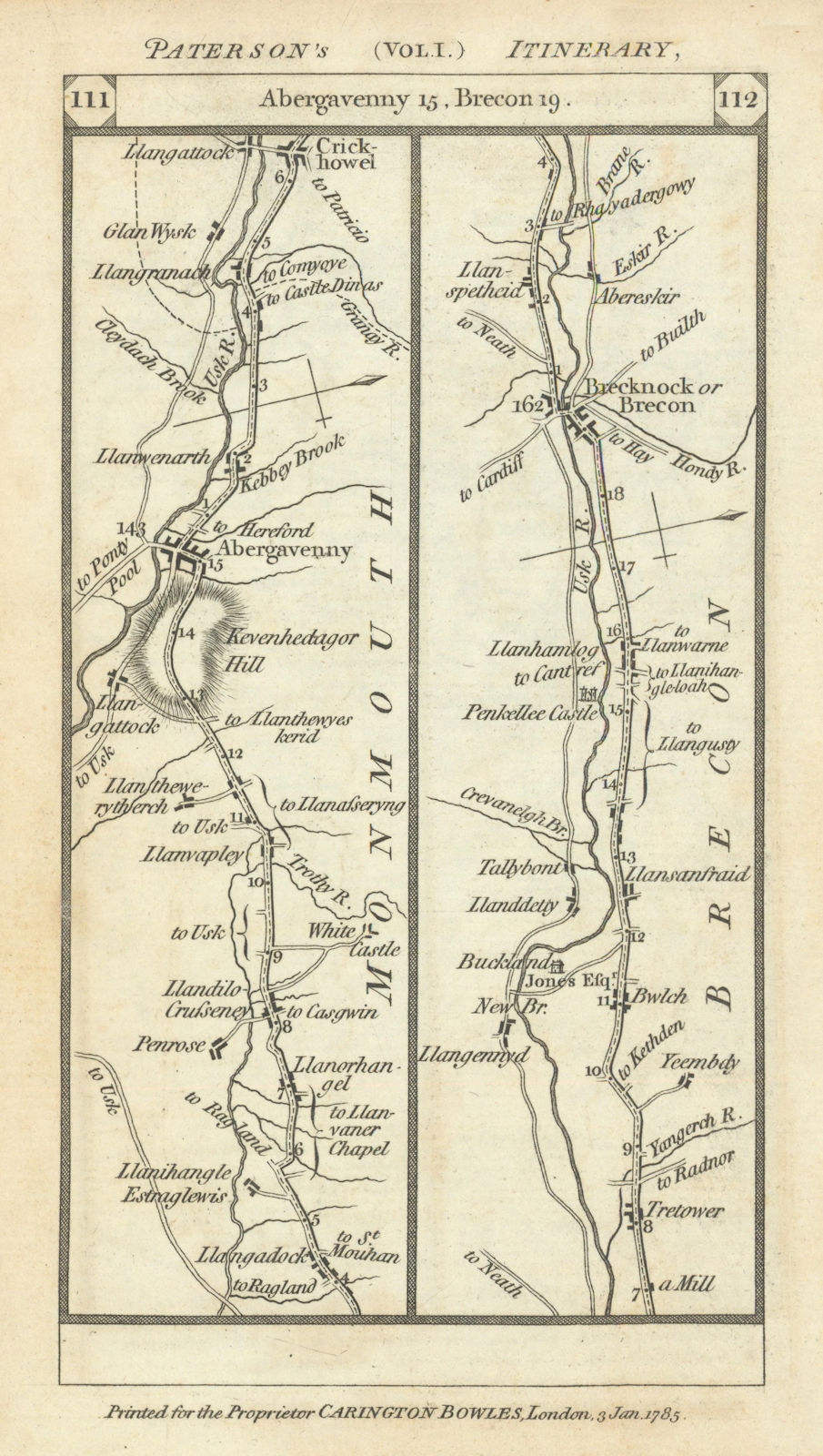 Abergavenny - Crickhowell - Brecon road strip map PATERSON 1785 old