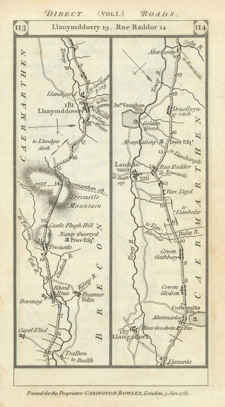 Penbont - Trecastle - Llangadog - Llandeilo road strip map PATERSON 1785