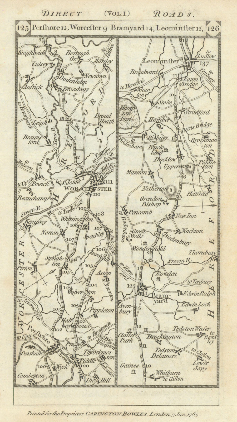 Pershore - Worcester - Bromyard - Leominster road strip map PATERSON 1785