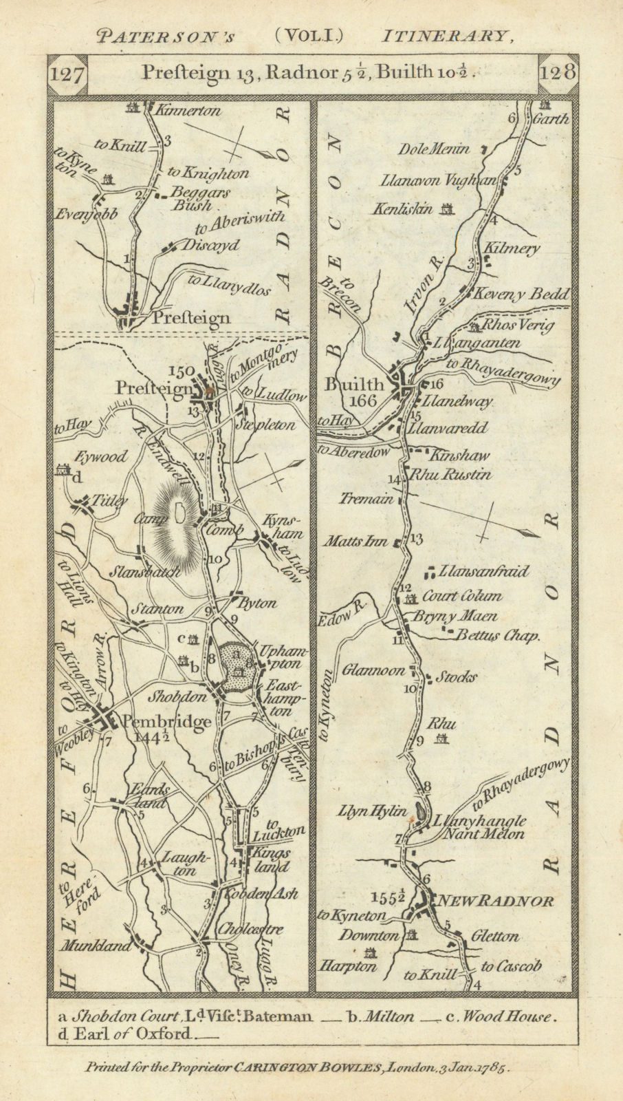 Pembridge-Presteigne-New Radnor-Builth Wells road strip map PATERSON 1785