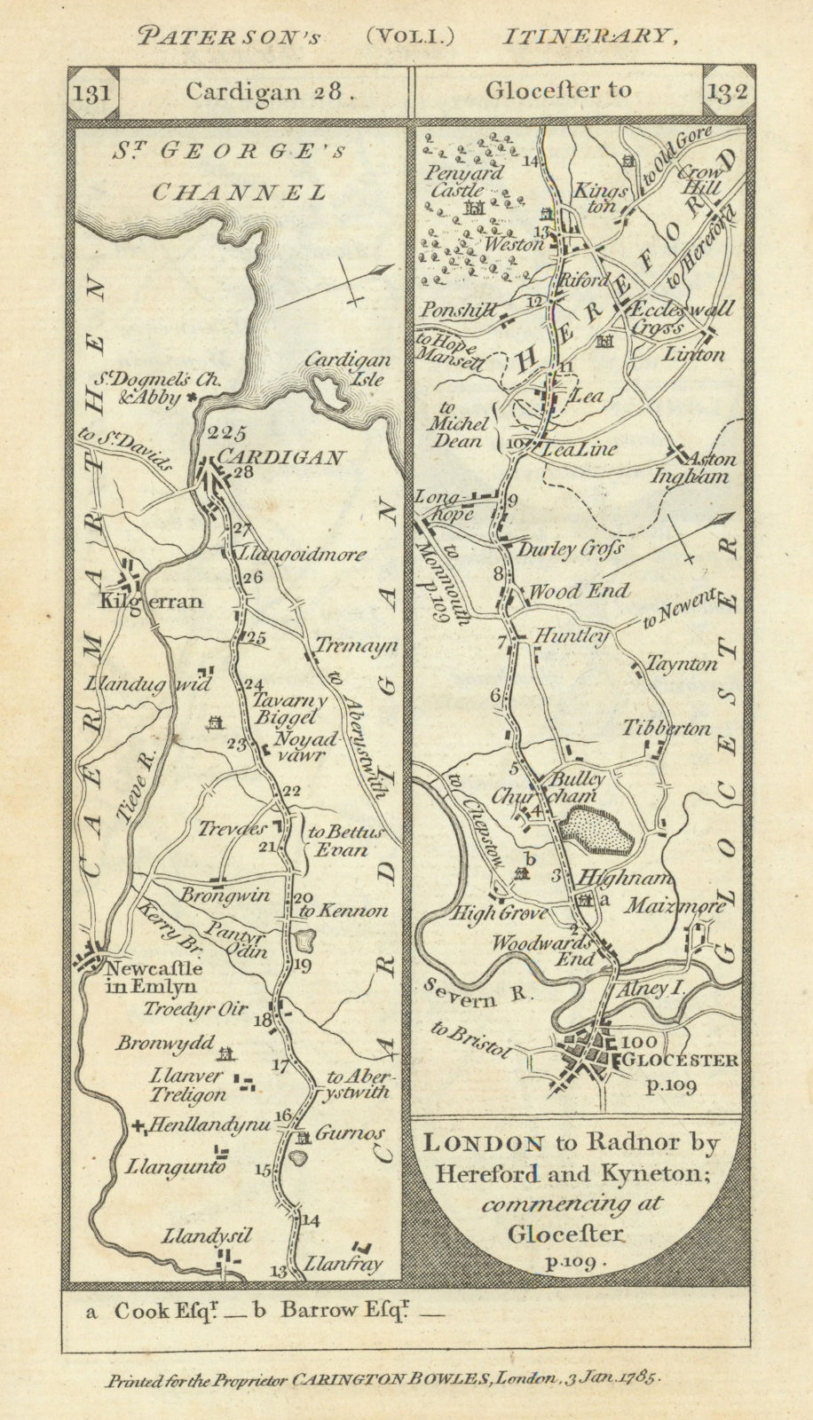 Newcastle Emlyn-Cardigan. Gloucester-Huntley road strip map PATERSON 1785