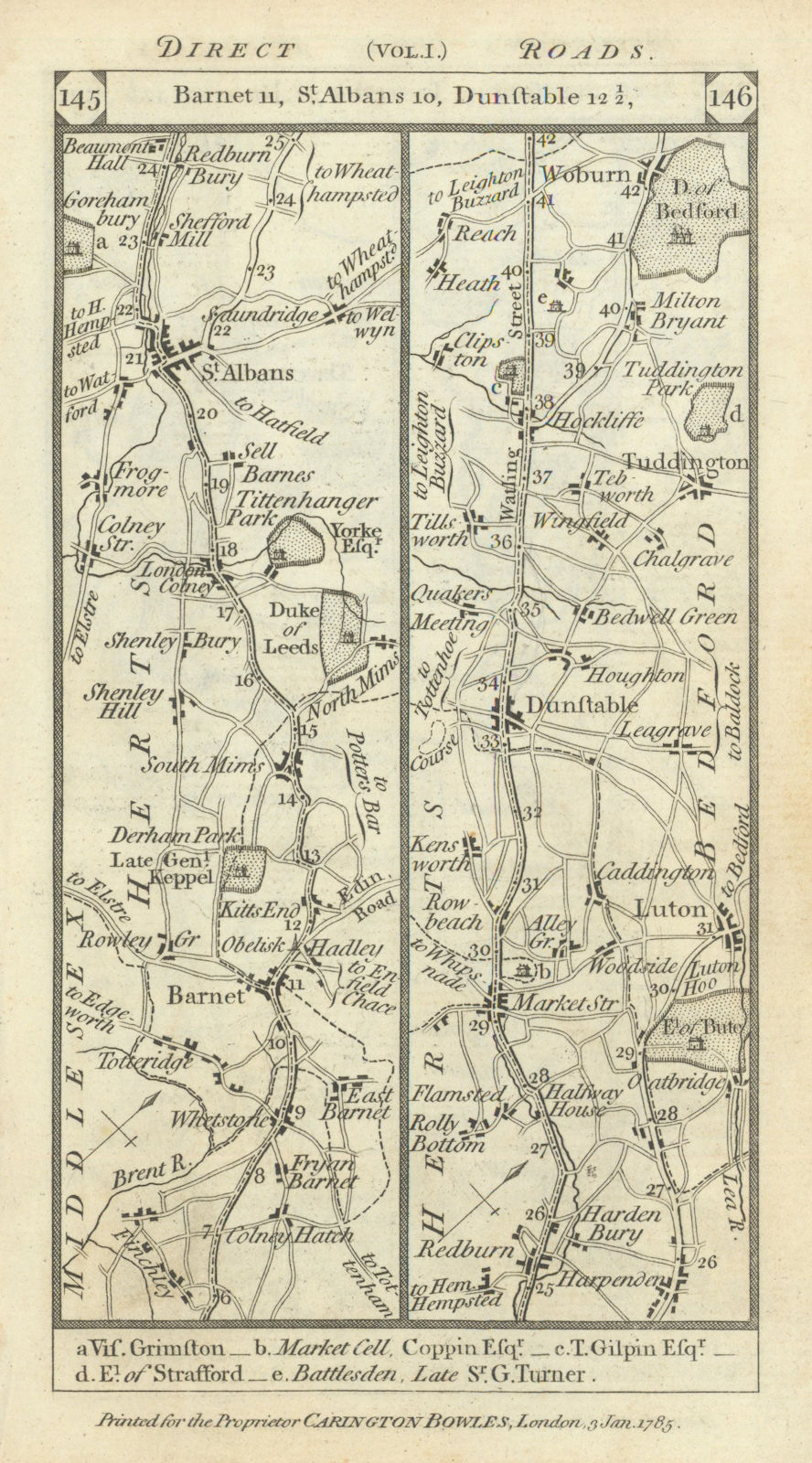 Barnet-St Albans-Harpenden-Luton-Dunstable road strip map PATERSON 1785