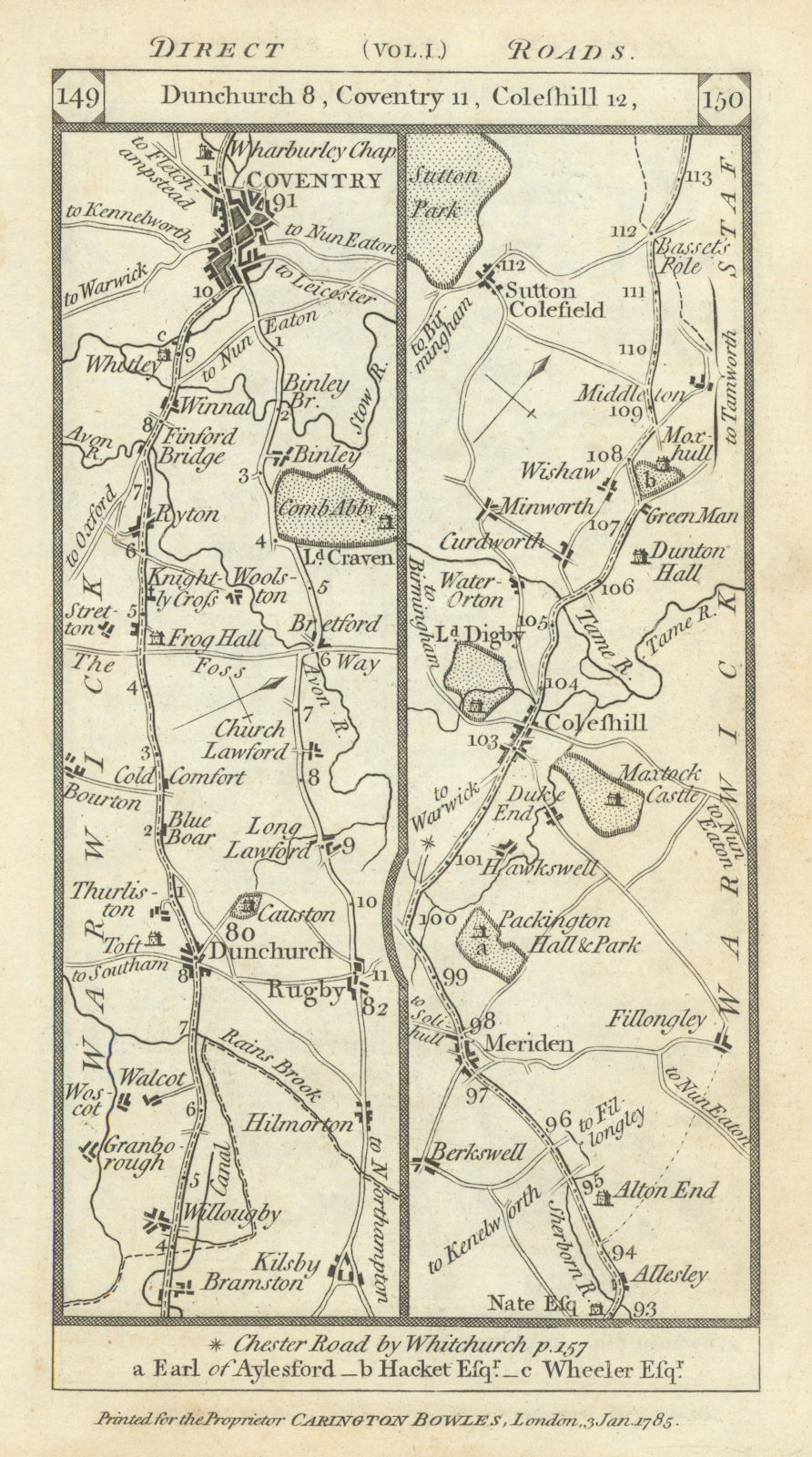 Rugby-Dunchurch-Coventry-Sutton Coldfield road strip map PATERSON 1785