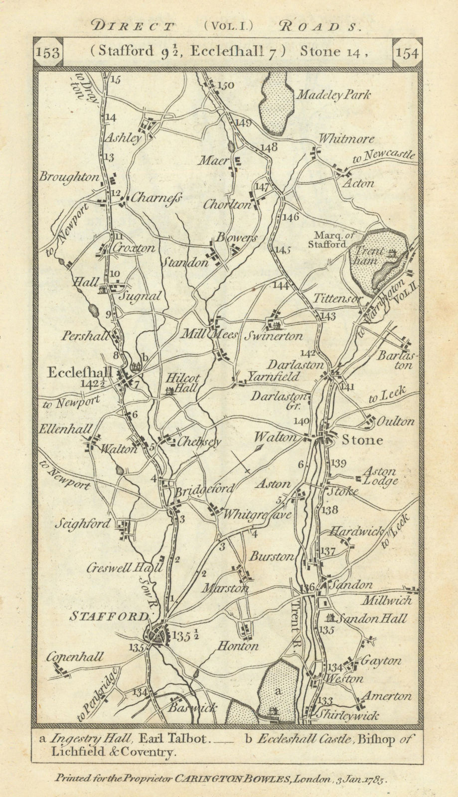 Stafford - Stone - Eccleshall road strip map PATERSON 1785 old antique
