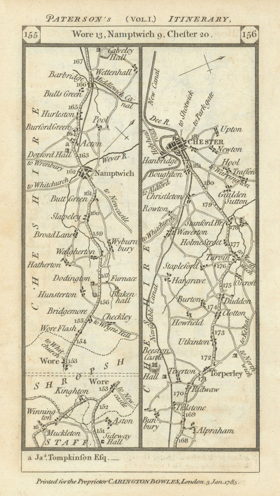 Nantwich - Tarporley - Chester road strip map PATERSON 1785 old antique
