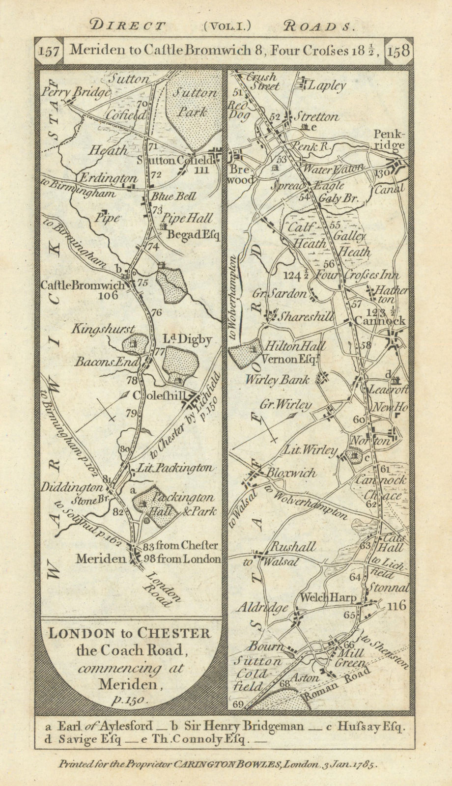 Meriden-Sutton Coldfield-Cannock-Penkridge road strip map PATERSON 1785