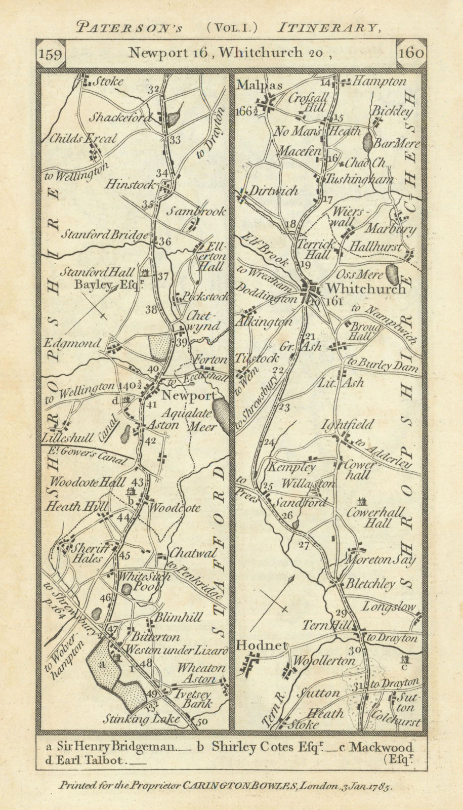 Associate Product Weston/Lizard-Newport-Whitchurch-Malpas road strip map PATERSON 1785 old