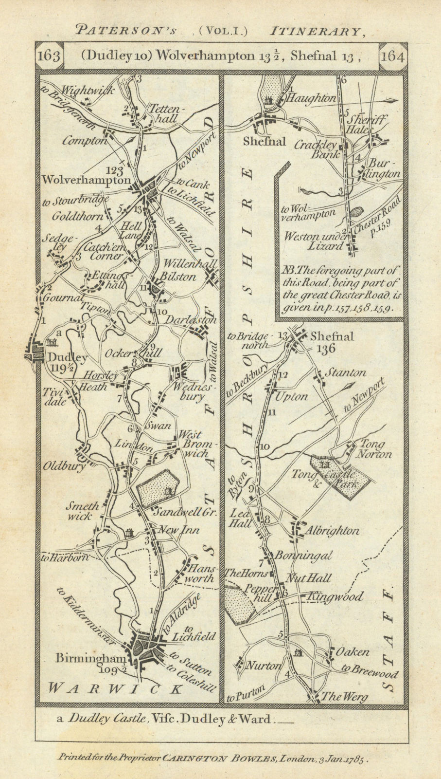 Birmingham-West Bromwich-Dudley-Wolverhampton road strip map PATERSON 1785