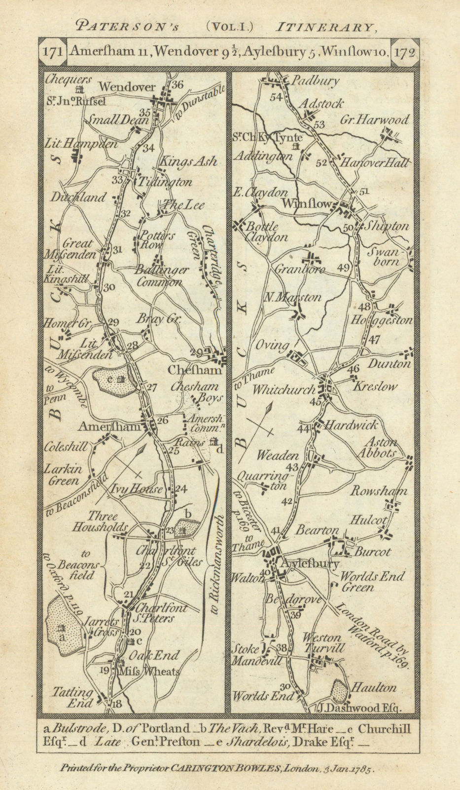 Chalfonts-Amersham-Wendover-Aylesbury-Winslow road strip map PATERSON 1785