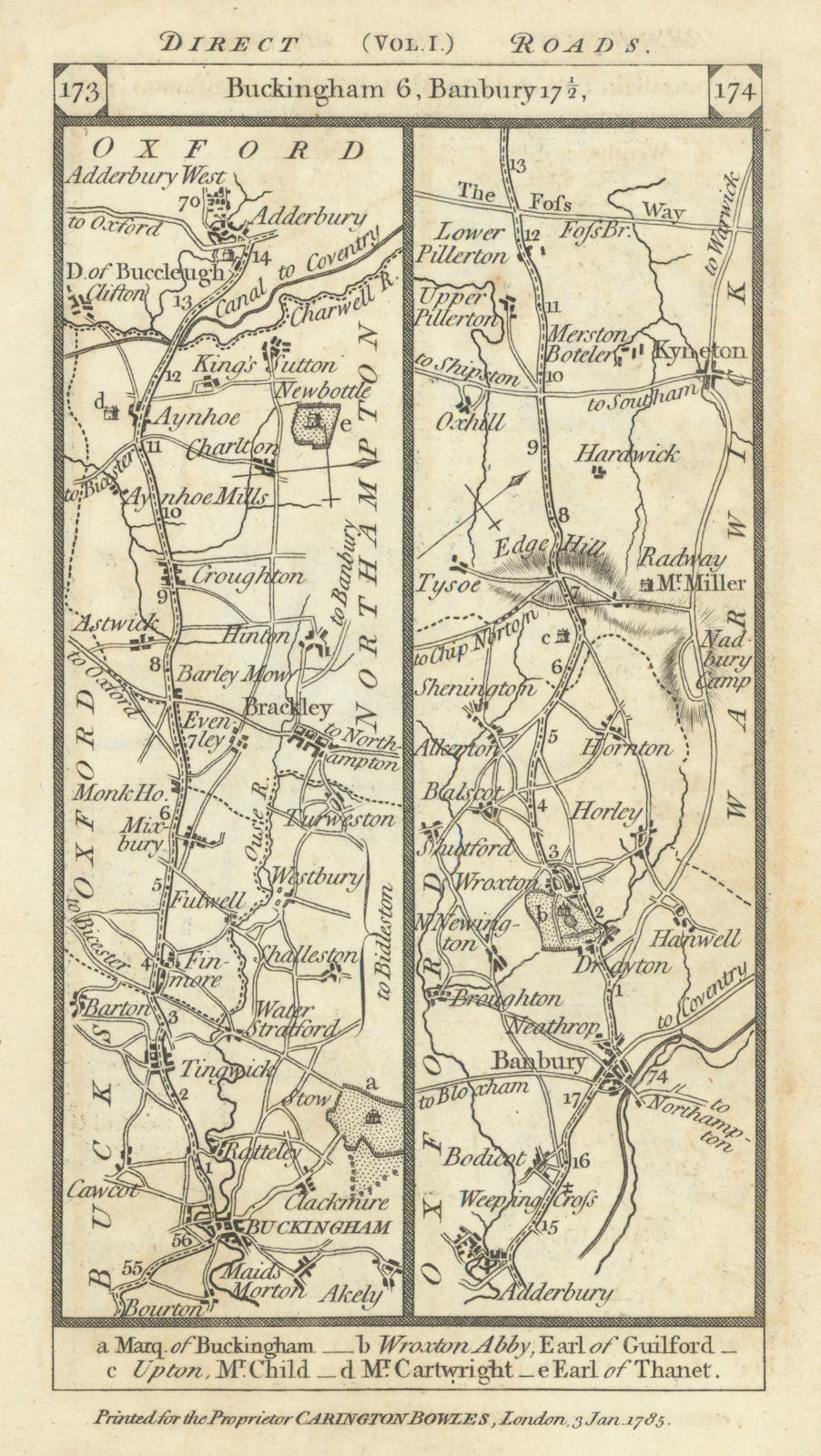 Buckingham-Tingewick-Brackley-Banbury-Kineton road strip map PATERSON 1785