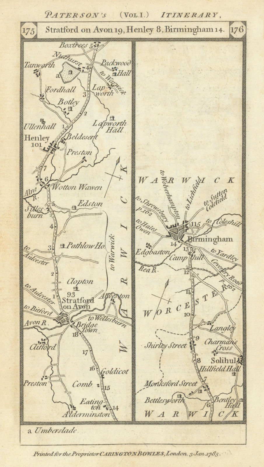 Stratford/Avon-Henley/Arden-Solihull-Birmingham road strip map PATERSON 1785