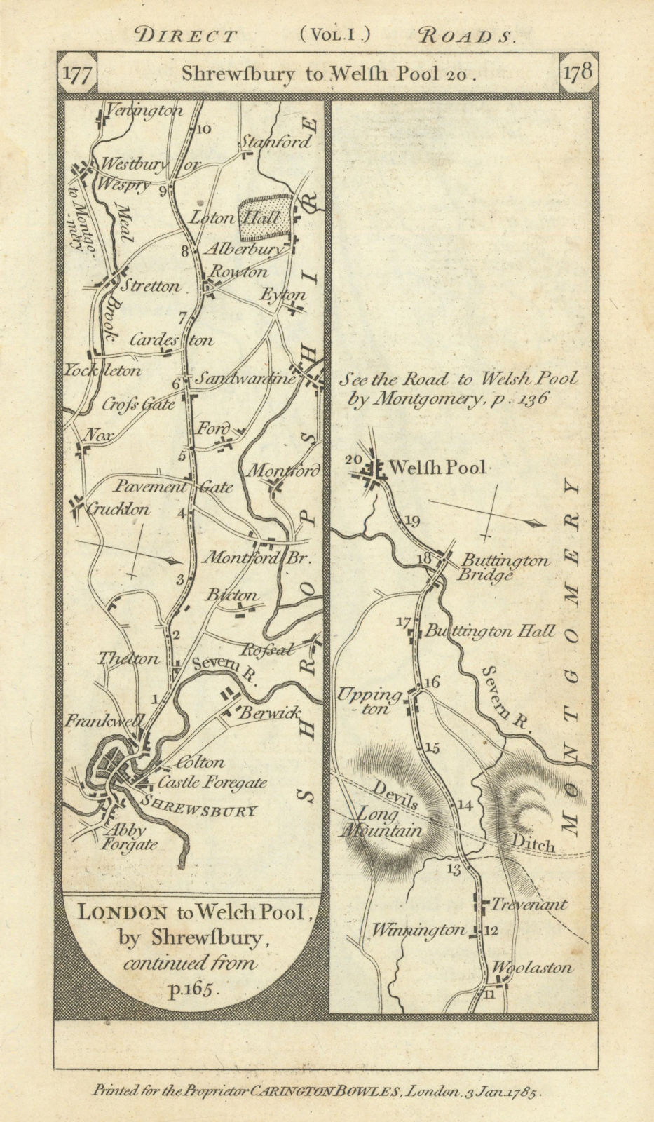 Shrewsbury - Westbury - Weslhpool road strip map PATERSON 1785 old antique