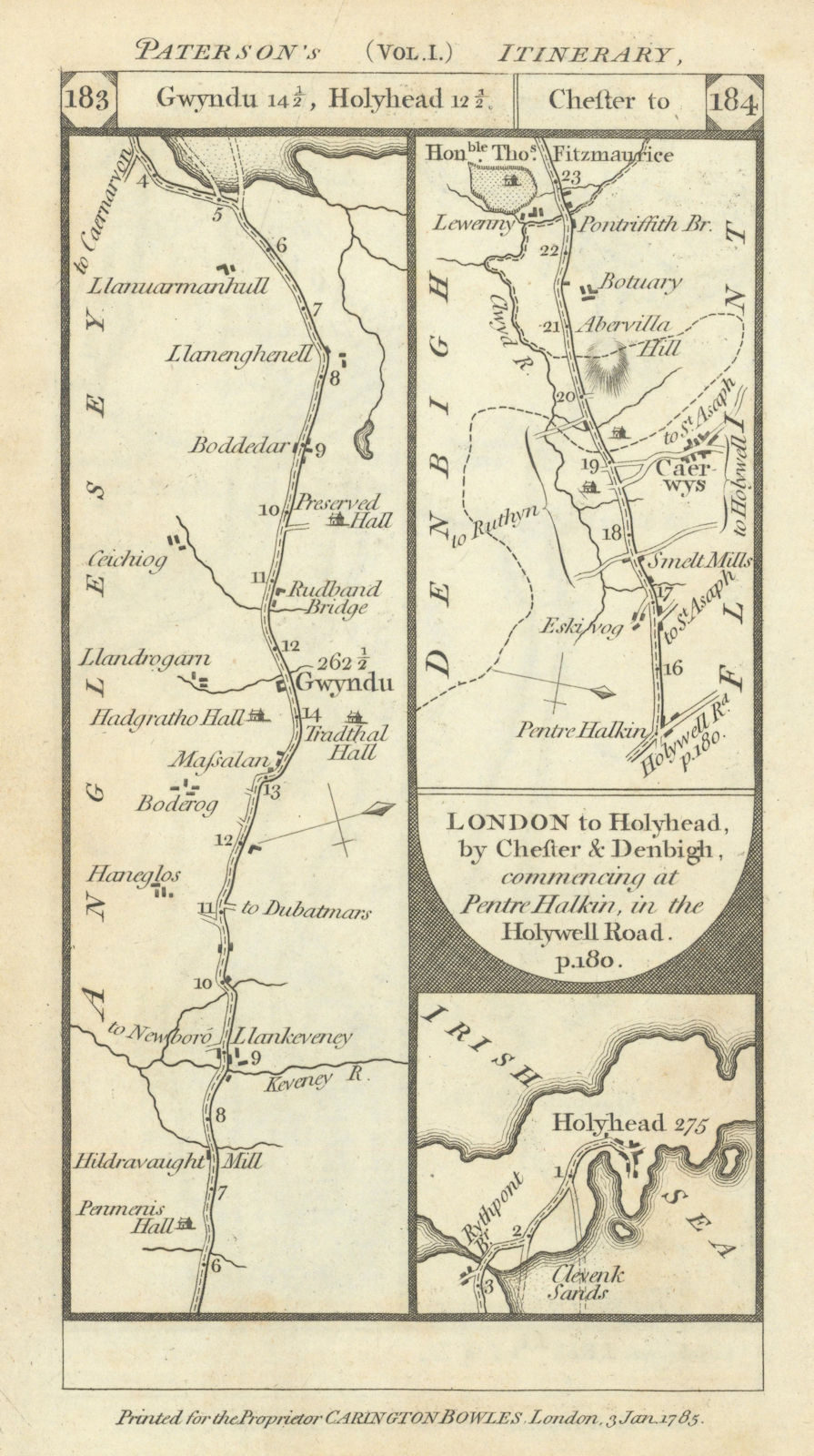 Holyhead Anglesey. Pentre Halkyn-Caerwys road strip map PATERSON 1785 old