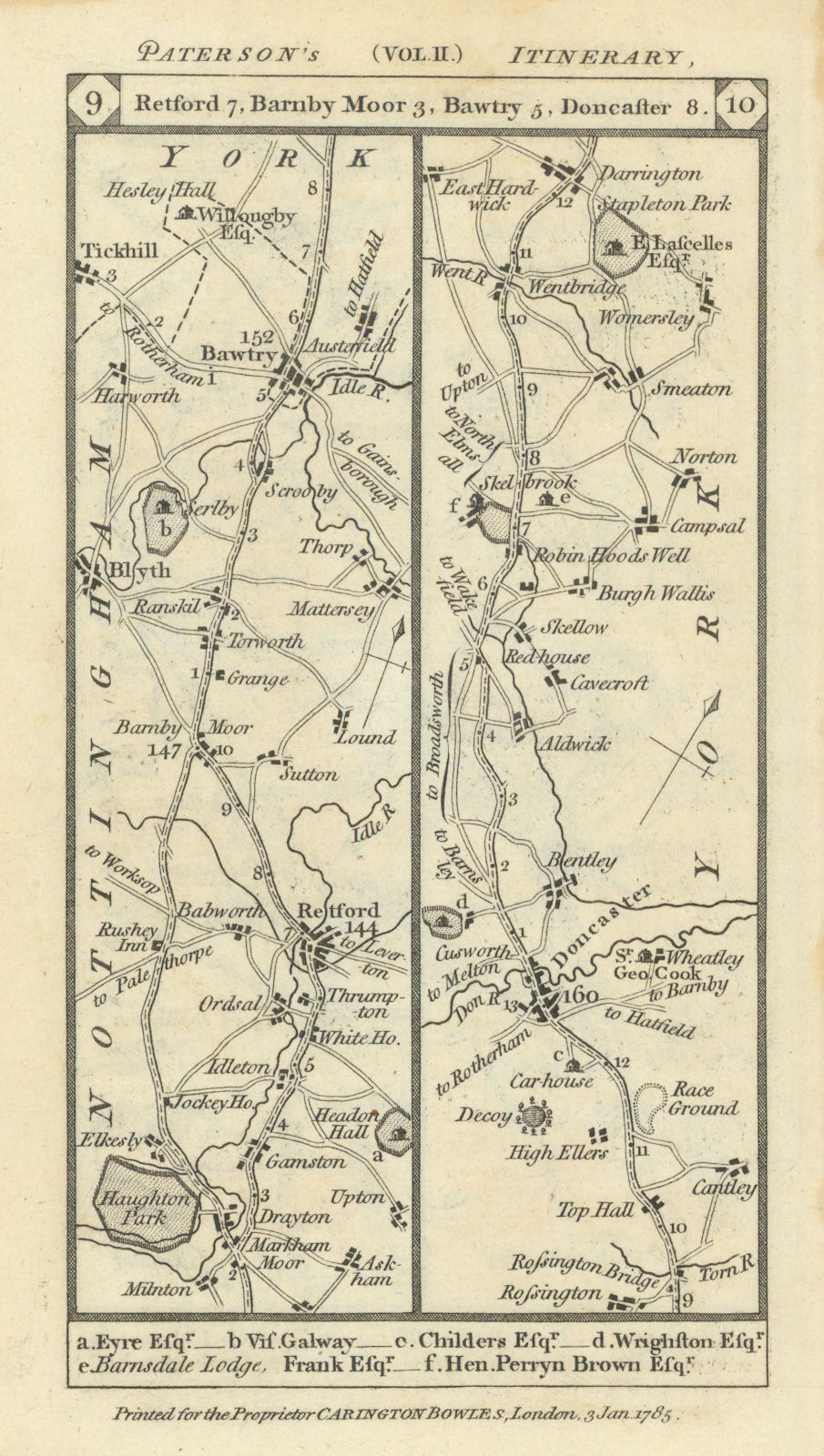 Retford-Blyth-Bawtry-Doncaster-Darrington road strip map PATERSON 1785 old
