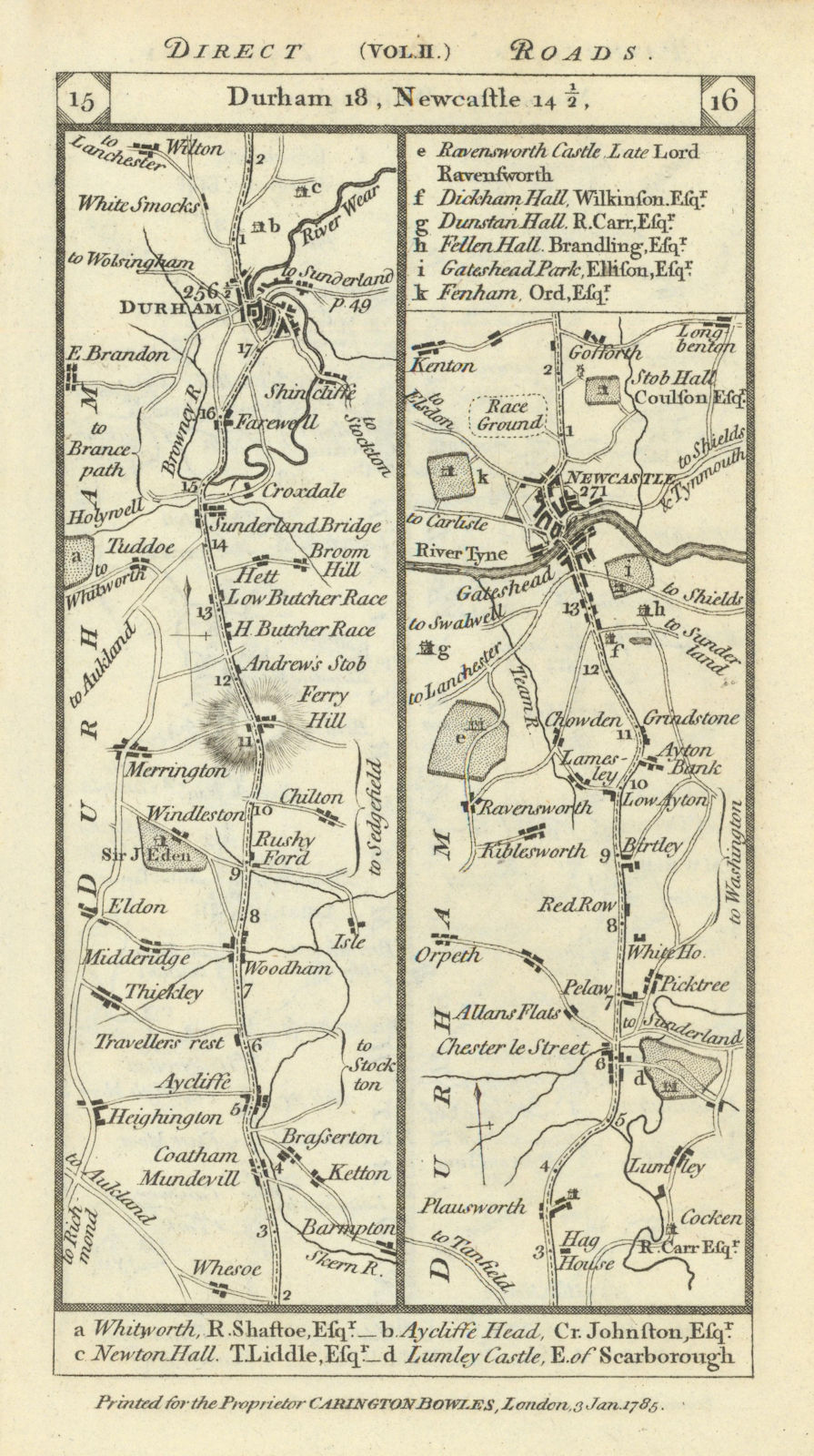 Durham-Chester/Street-Gateshead-Newcastle/Tyne road strip map PATERSON 1785