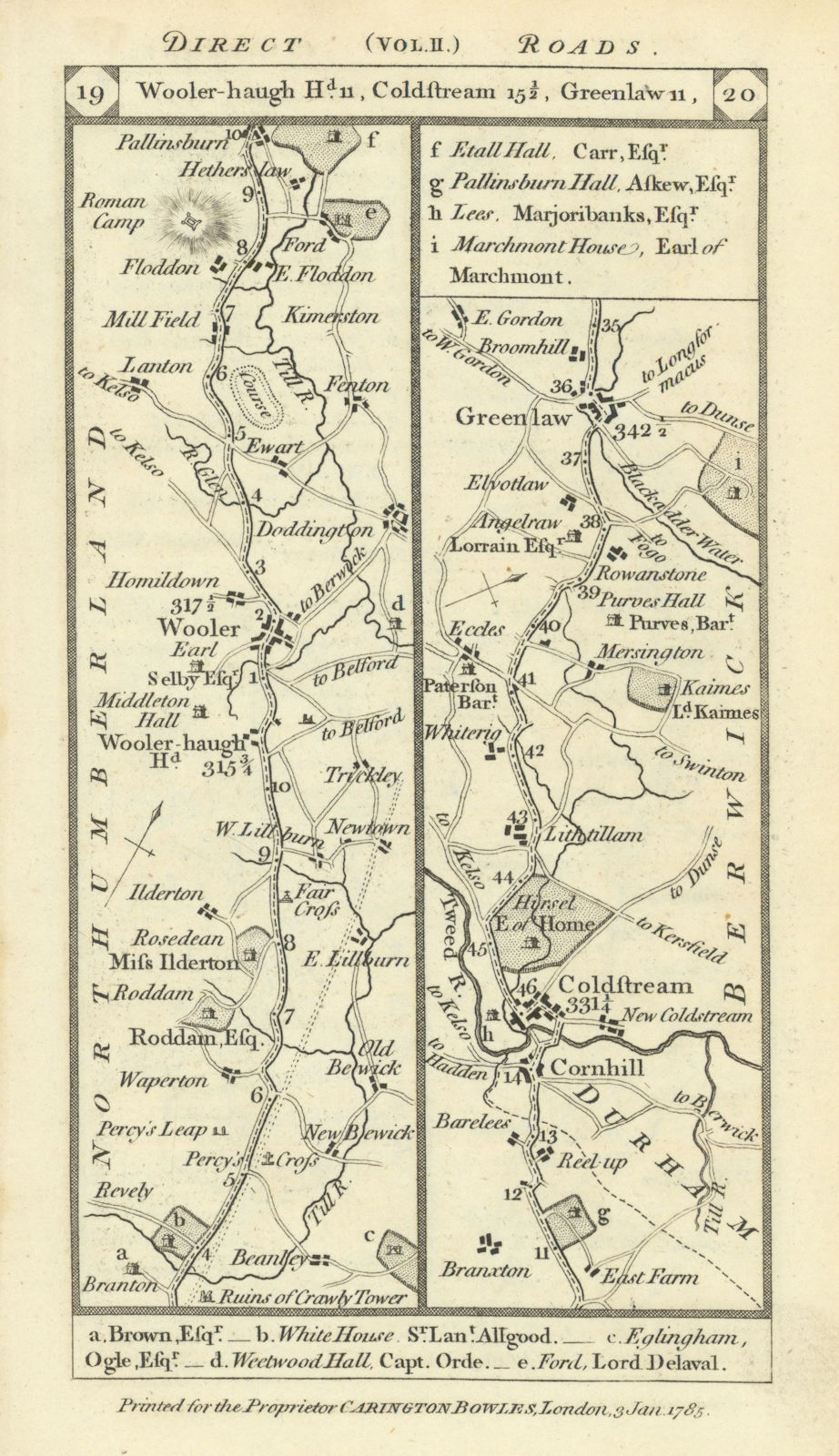 Wooler - Cornhill - Coldstream - Greenlaw road strip map PATERSON 1785