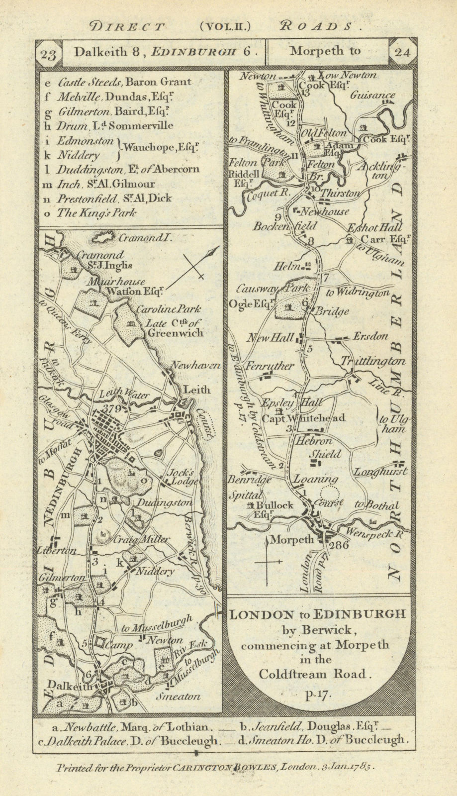 Dalkeith - Edinburgh - Leith. Morpeth - Felton road strip map PATERSON 1785