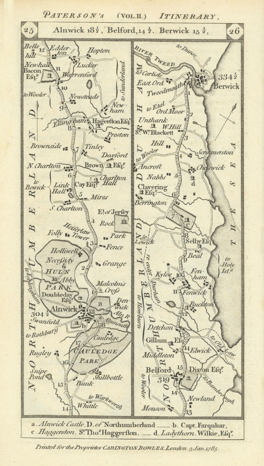 Associate Product Alnwick - Belford - Fenwick - Berwick road strip map PATERSON 1785 old