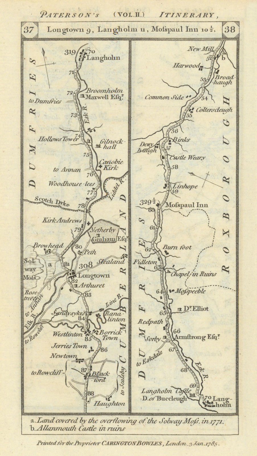 Blackford - Langholm - Harwood road strip map PATERSON 1785 old antique