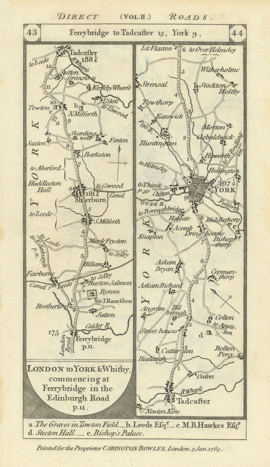 Ferrybridge - Sherburn - Tadcaster - York road strip map PATERSON 1785 old