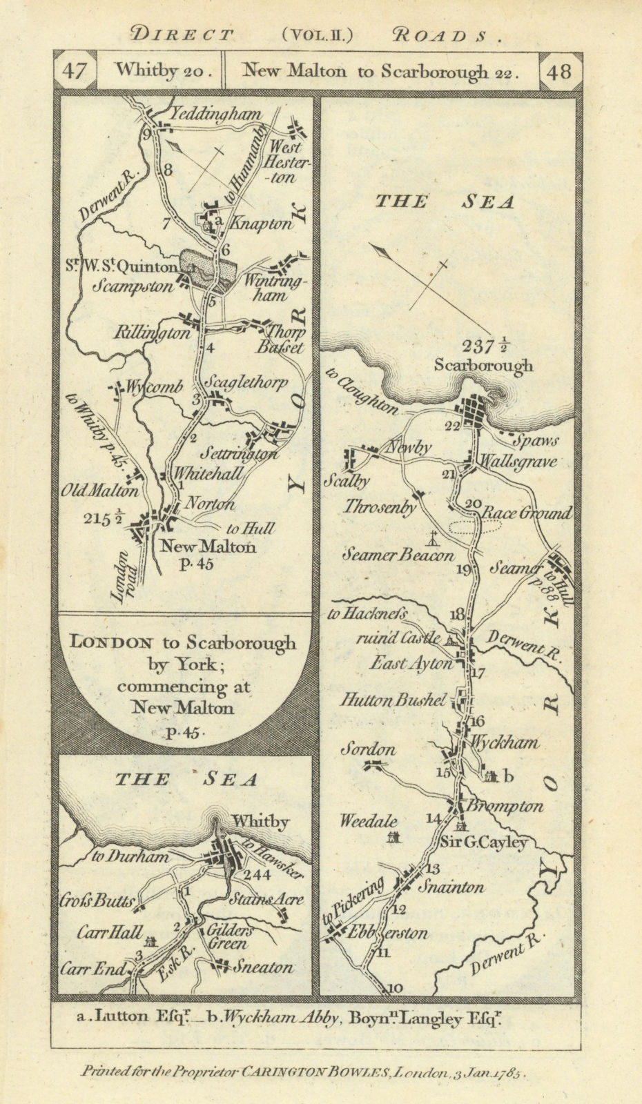 Whitby. New Malton-Wykeham-Scarborough road strip map PATERSON 1785 old