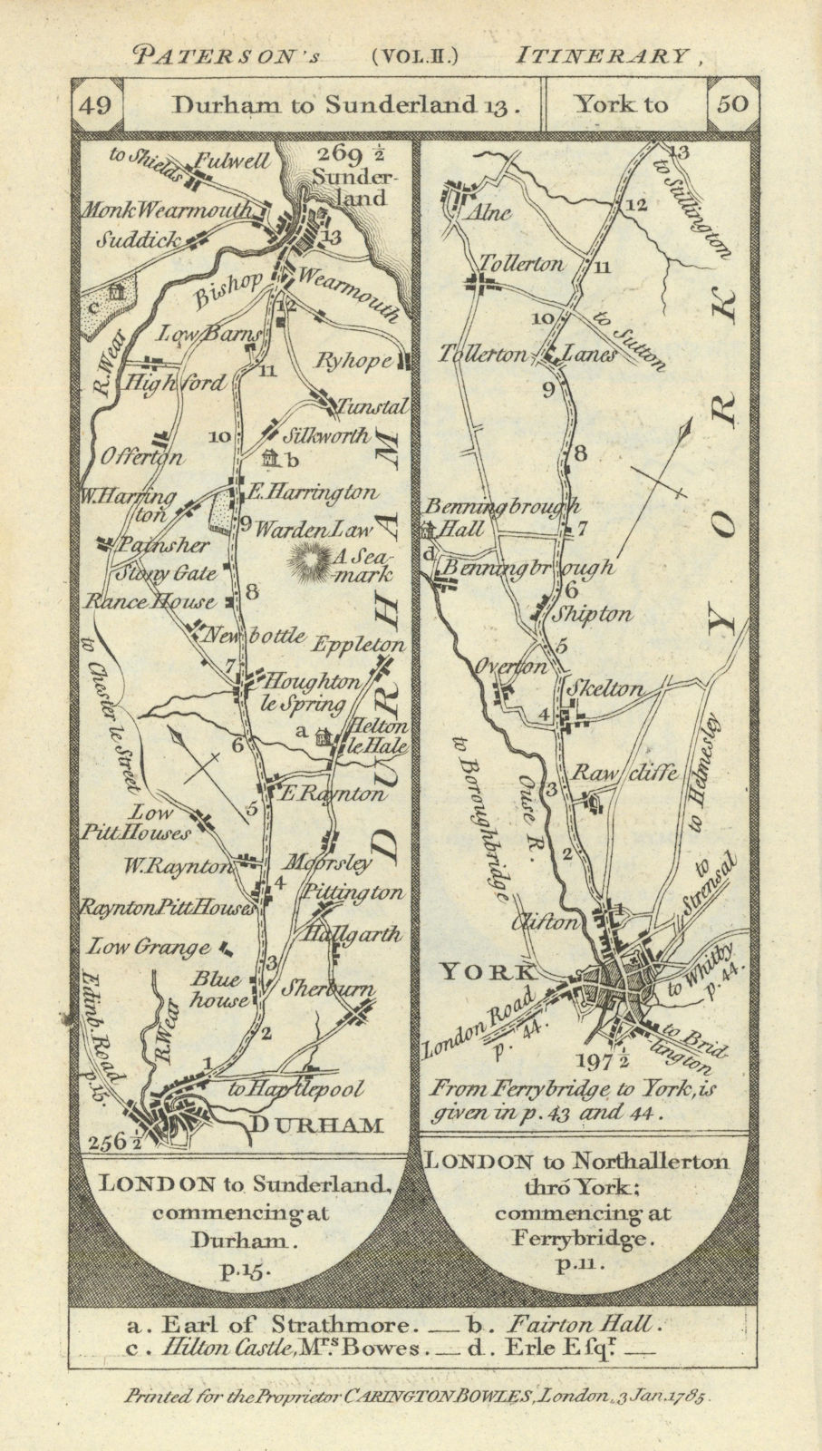 Durham - Sunderland. York - Tollerton road strip map PATERSON 1785 old