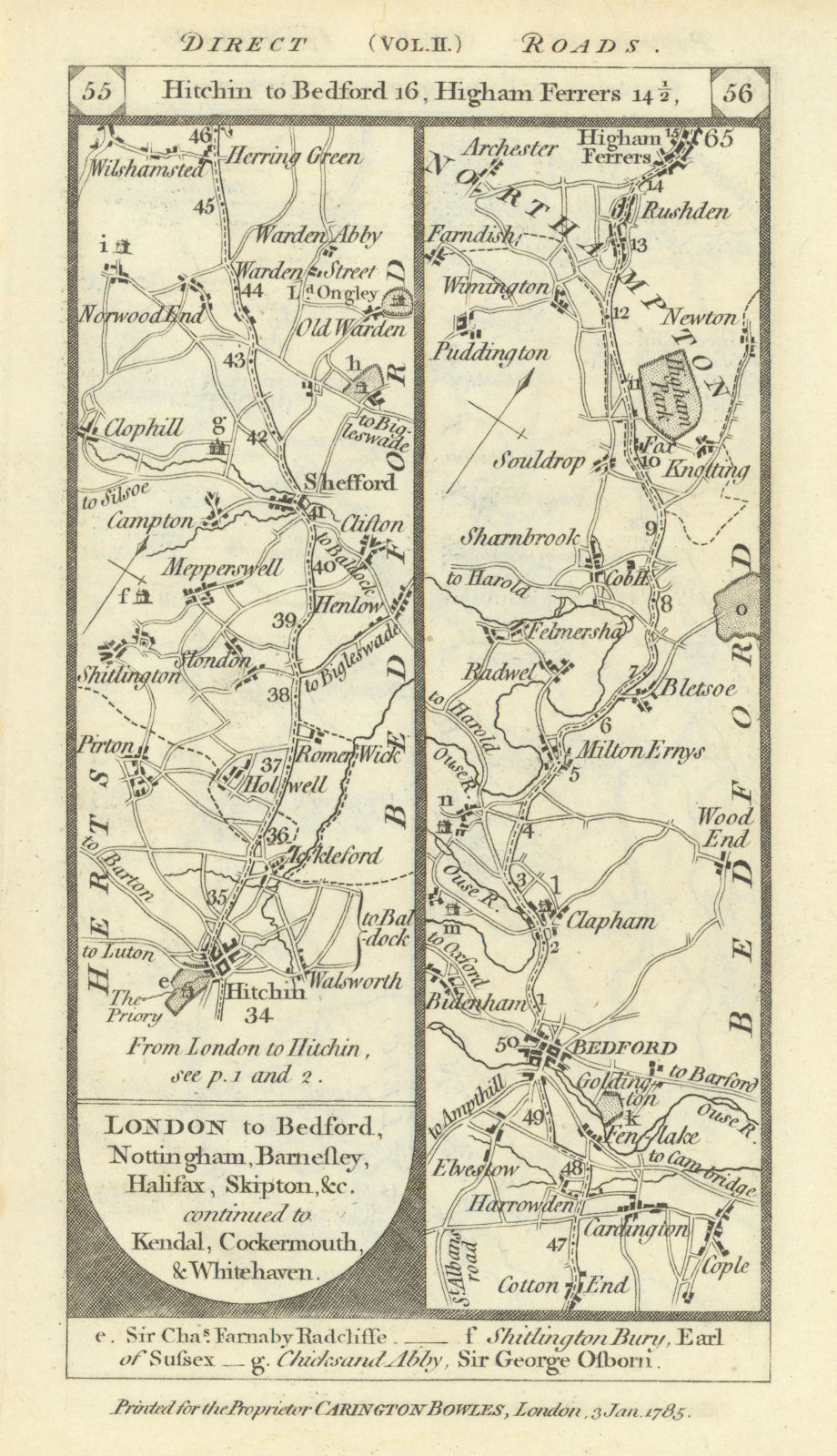 Hitchin - Shefford - Bedford - Higham Ferrers road strip map PATERSON 1785